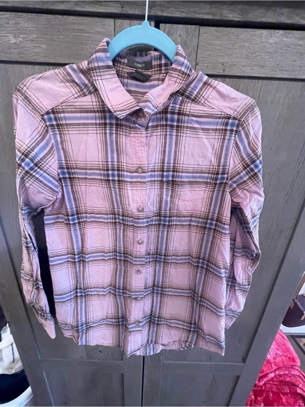 Classic Pink Plaid Button-Down Shirt with Blue Accents